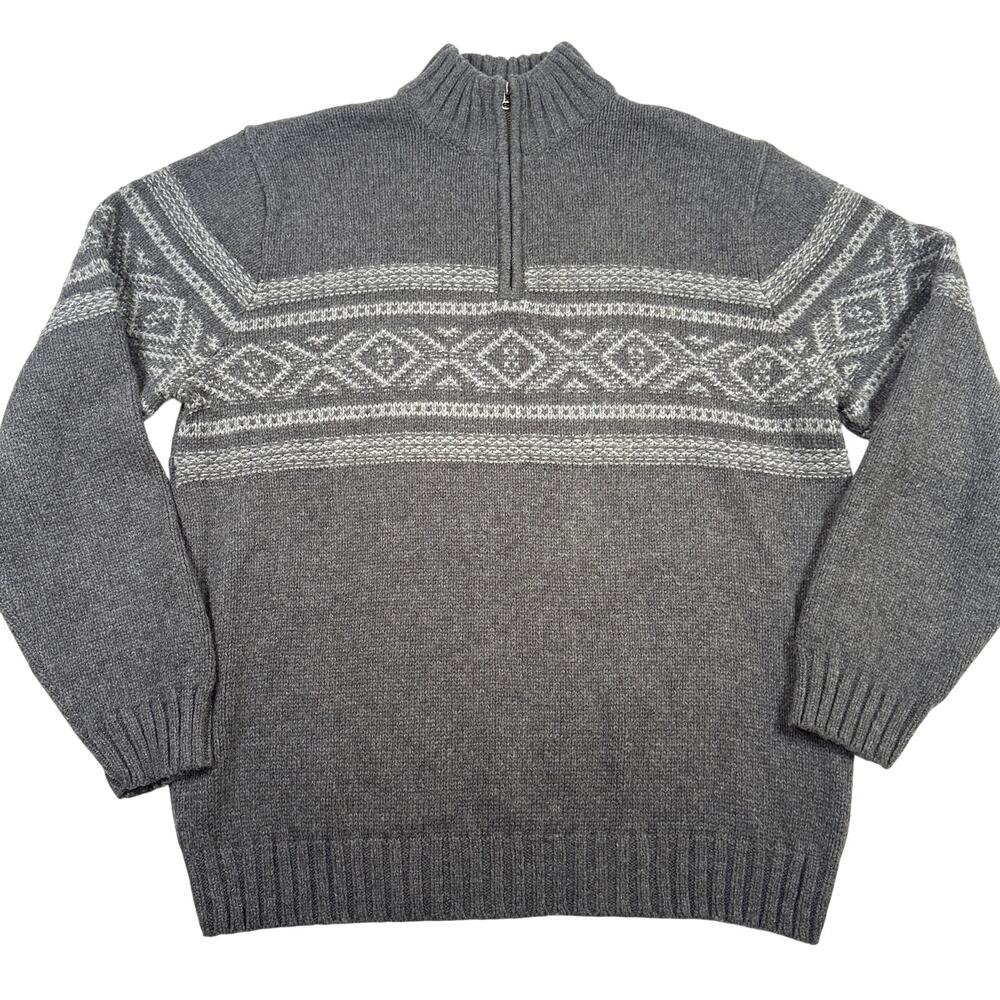Eddie Bauer Fair Isle Quarter Zip Sweater Men’s XL Gray Wool Blend Mock Neck